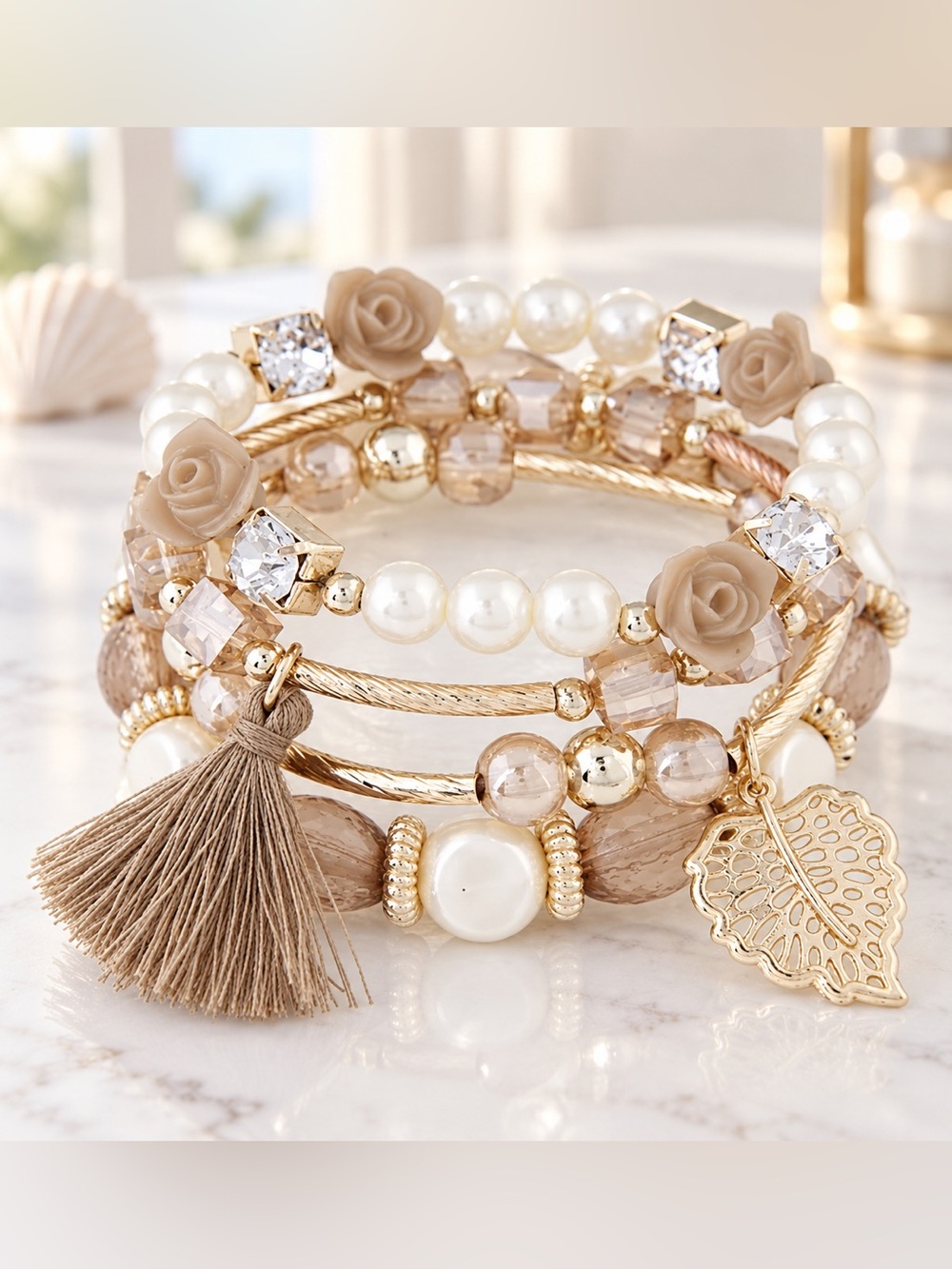 Champagne White Gold Boho Layered Bracelet Set Faux Pearl Rose Tassel Leaf NEW